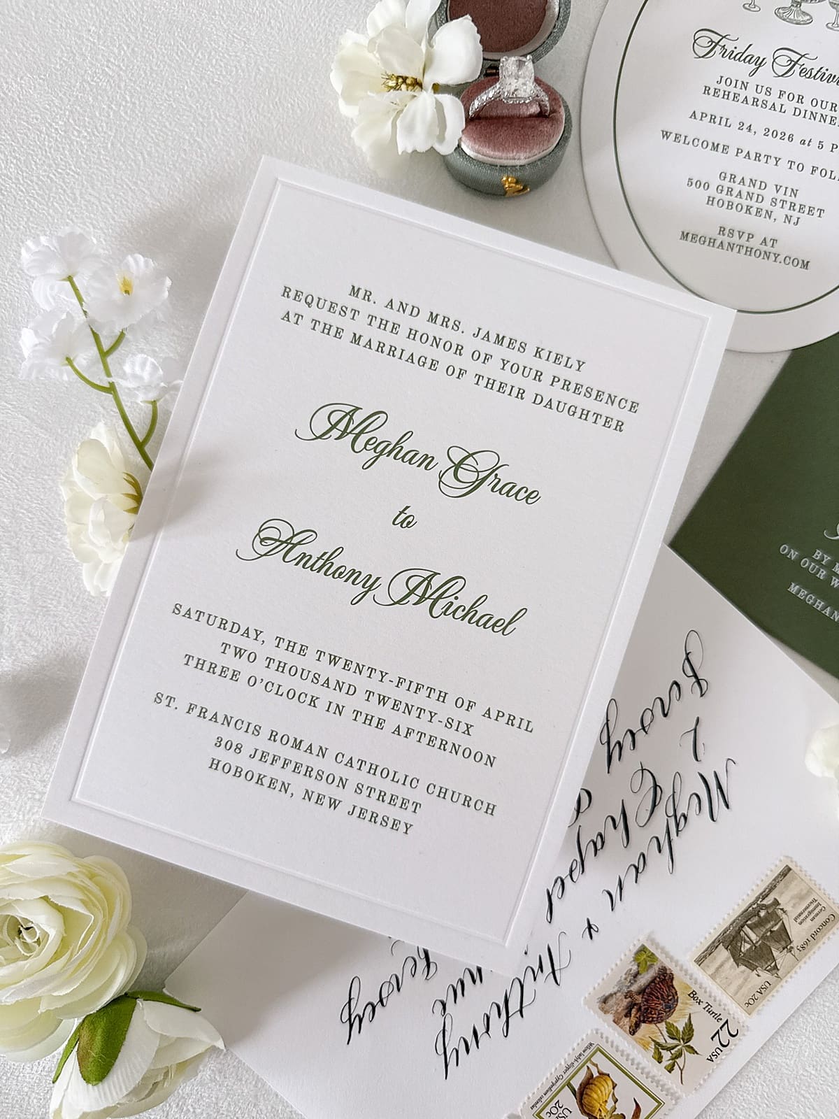 Classic green wedding invitations on double thick white paper with a blind letterpress border