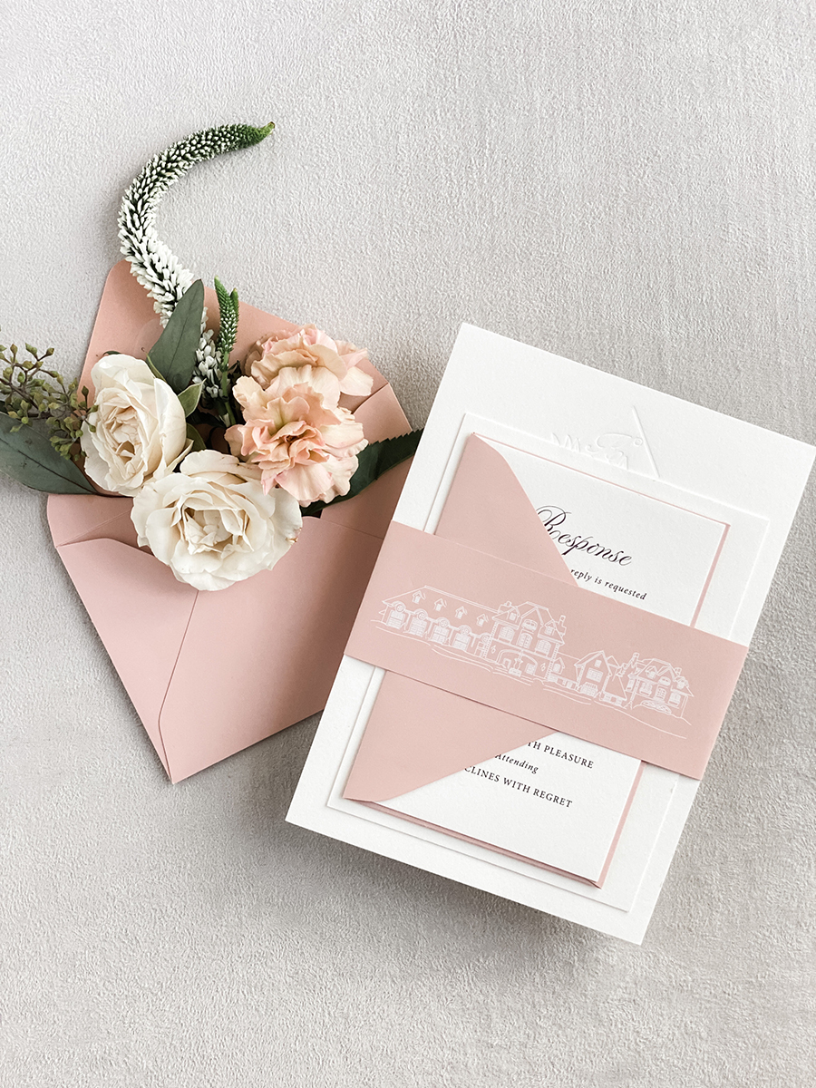 How to Incorporate Color into your Wedding Invitations, blush wedding invitations, blush belly band wraps, Park Chateau Estate and Gardens wedding invitations, NJ wedding invitations, wedding invitation design, monogram wedding invitations, elegant wedding invitations
