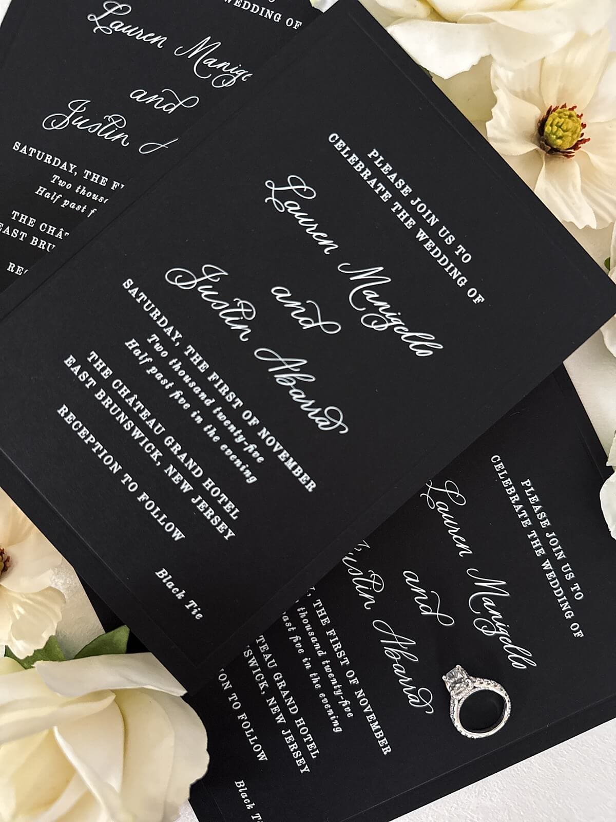 Modern black double-thick wedding invitation cards with white ink printing and blind letterpress border, black tie Château Grand Hotel wedding invitations