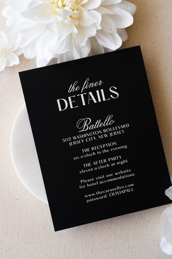 Modern black wedding details insert card with white ink printing, Battello Jersey City wedding invitations