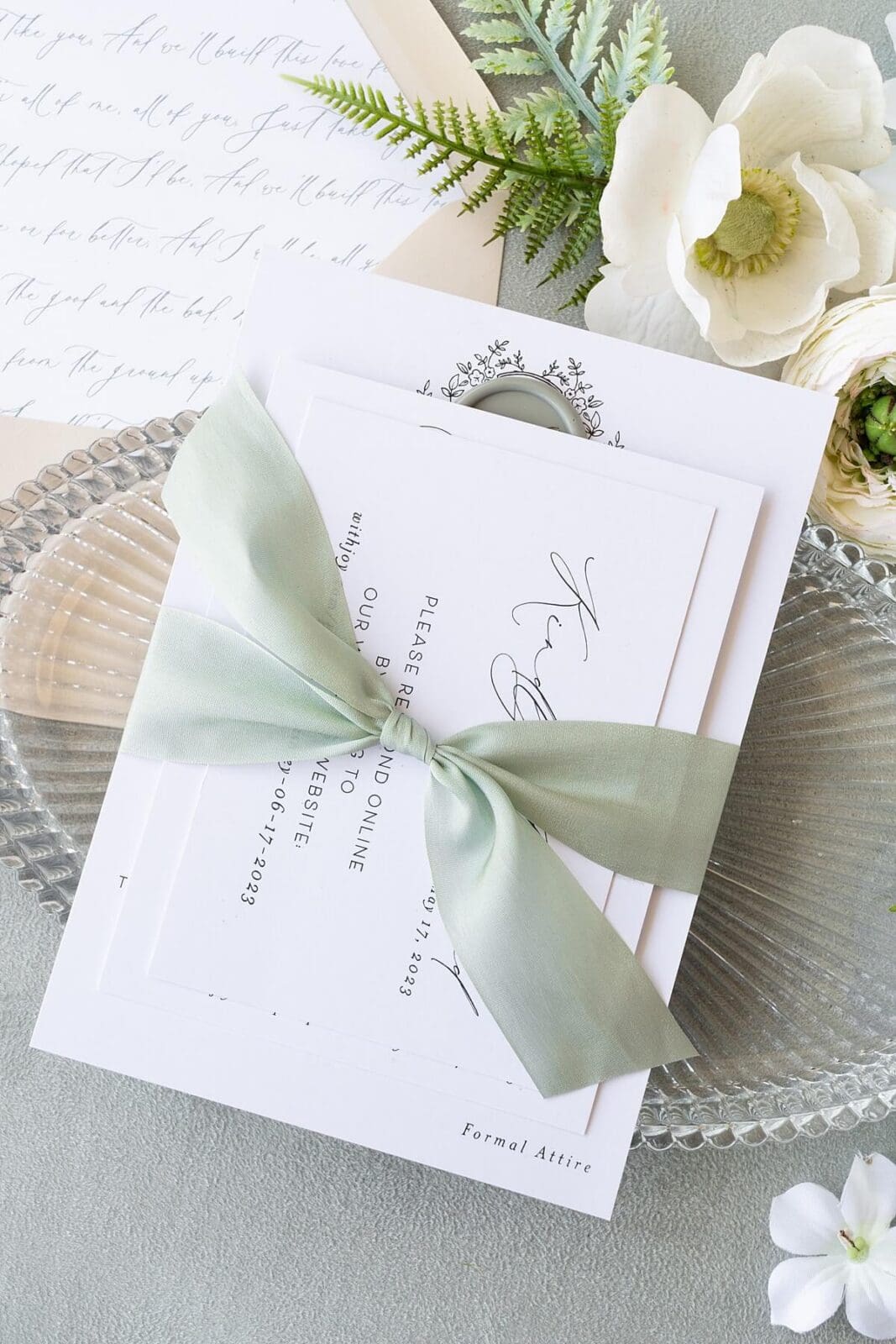 Jadeite sage green silk ribbon wedding invitation embellishment