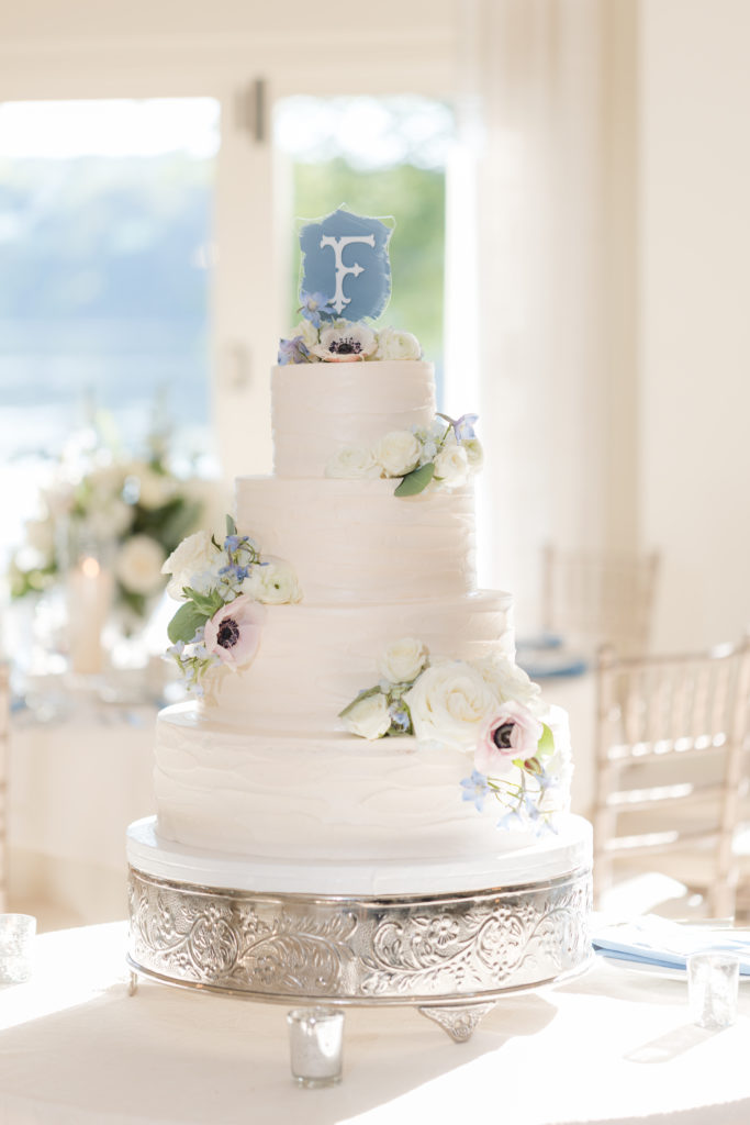 four-tier flower wedding cake with Lace and Belle acrylic monogram cake topper at Indian Trail Club | Idalia Photography
