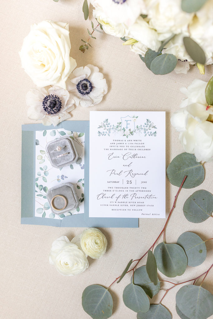 classic Lace and Belle wedding invitation with monogram crest, dusty blue envelope and eucalyptus envelope liner | Indian Trail Club Wedding | Idalia Photography