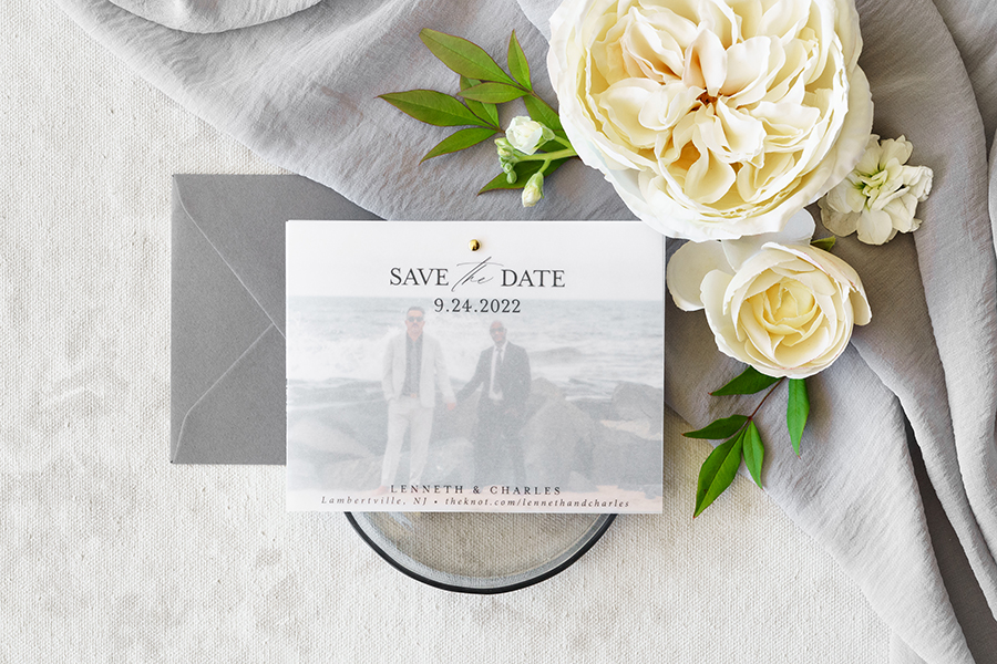 vellum overlay save the date with engagement photo and modern typography