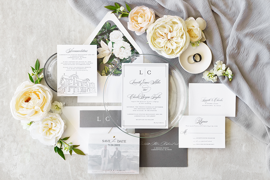 classic Lace and Belle letterpress wedding invitation suite with venue illustration,  monogram, and floral envelope liner | 3 things to pack for your wedding photographer