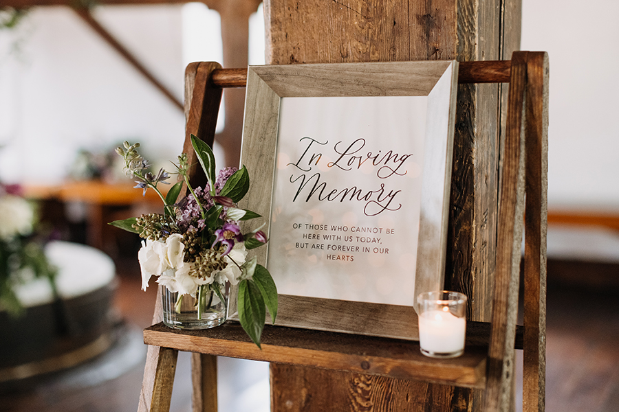 An intimate rustic NJ real wedding at Prallsville Mill | Lace and Belle in loving memory wedding sign | Erin + Brandon | Love me Do Photography