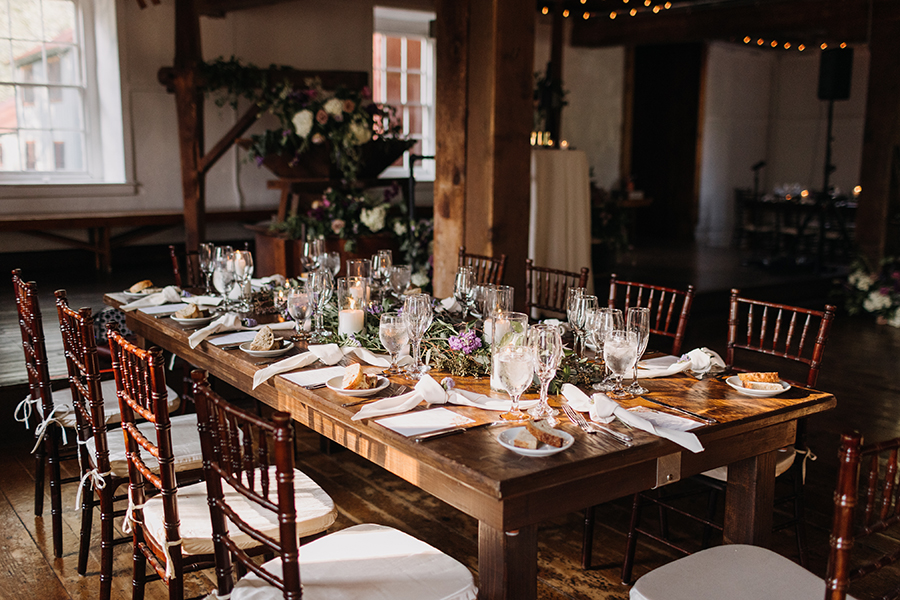An intimate rustic NJ real wedding at Prallsville Mill | rustic wedding tablescape | Erin + Brandon | Love me Do Photography