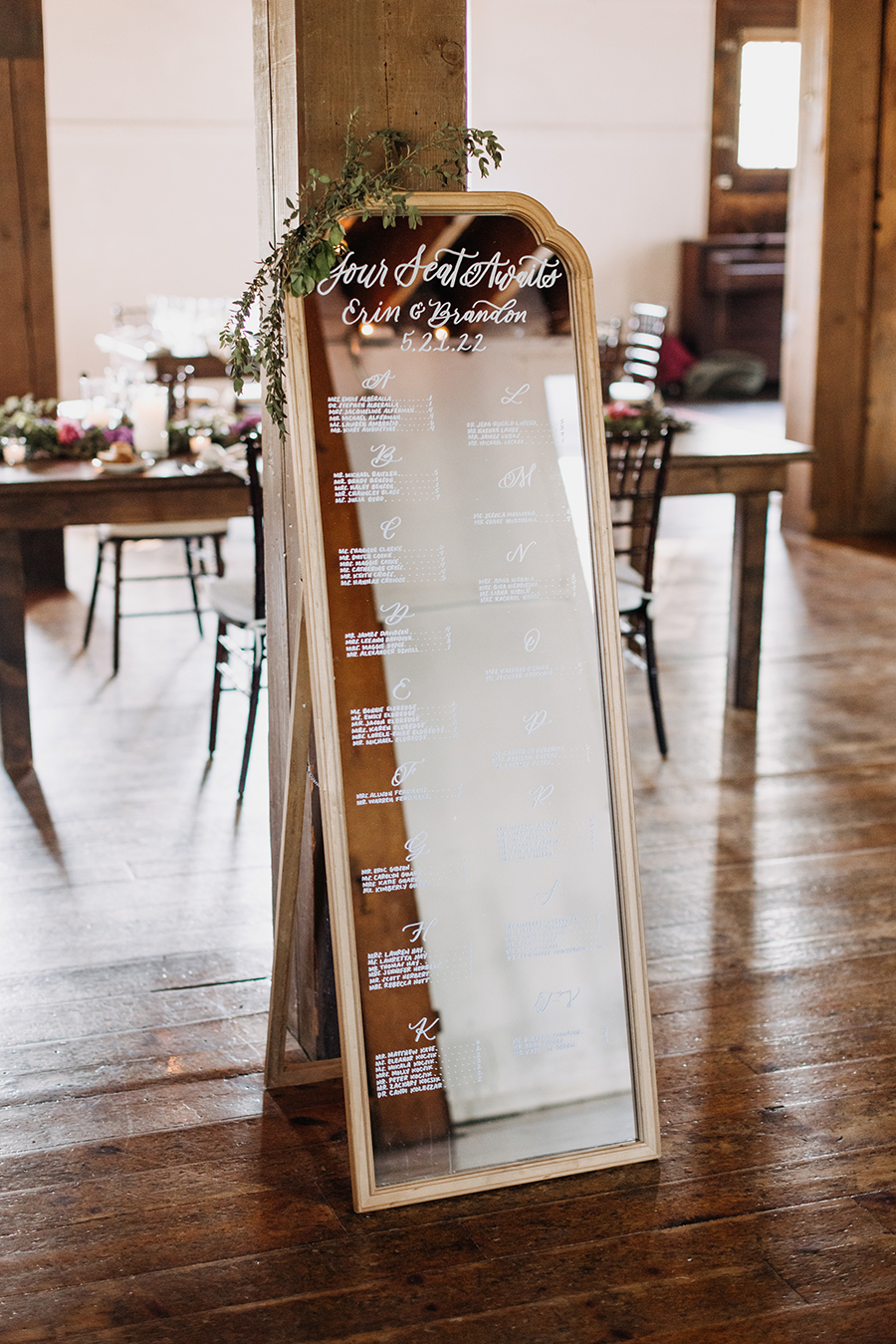 An intimate rustic NJ real wedding at Prallsville Mill | Lace and Belle calligraphy mirror seating chart | Erin + Brandon | Love me Do Photography