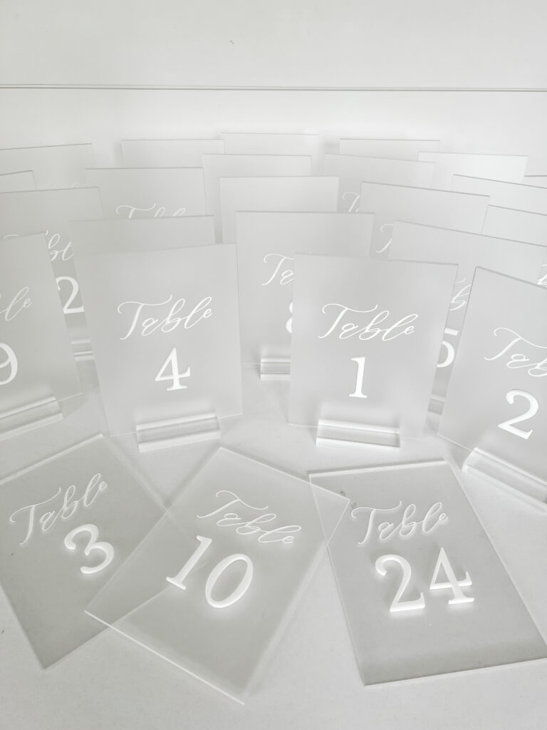 Lace and Belle, custom acrylic table numbers, 3D table numbers, frosted acrylic table numbers wedding reception decor, wedding tablescape inspiration