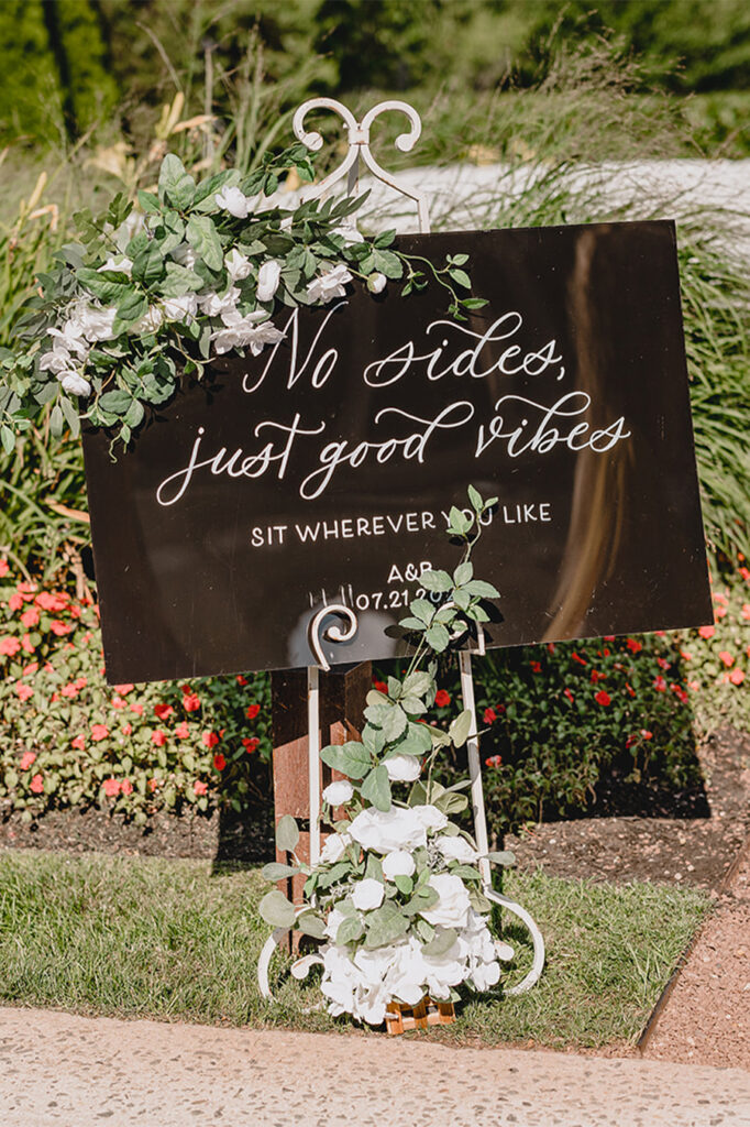 custom calligraphy acrylic wedding ceremony sign at Liberty House Jersey City | J&R Photography