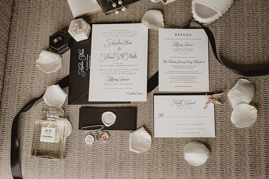modern black and white customLace and Belle wedding invitations | Liberty House Jersey City wedding | J&R Photography