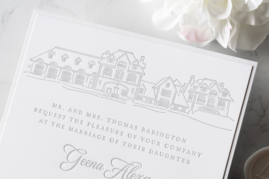 Lace and Belle letterpress printed wedding invitation in gray ink with venue illustration of Park Chateau