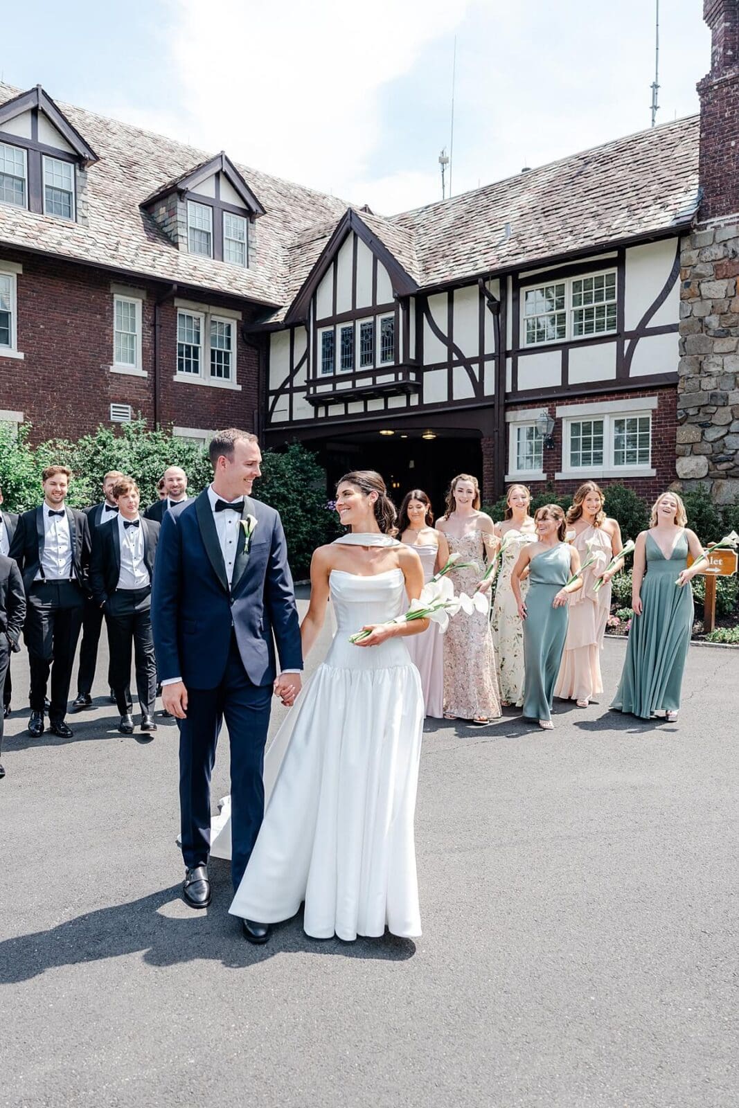 Wedding party portrait outside at Baltusrol Golf Club